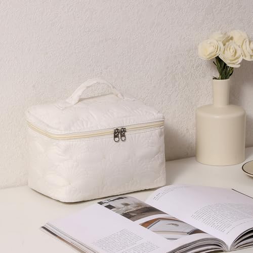 3Pcs White Shell Quilted Cotton Makeup Bag Set - Travel & Organizing Accessories