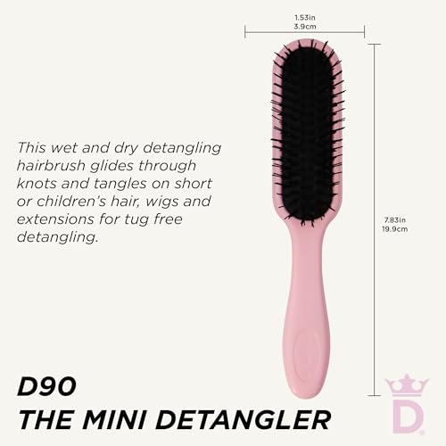 Denman Mini Deatngling Hairbrush for Short Hair - Gentle Wet & Dry Knot Remover for Kids and Adults, D90 Pink Crush