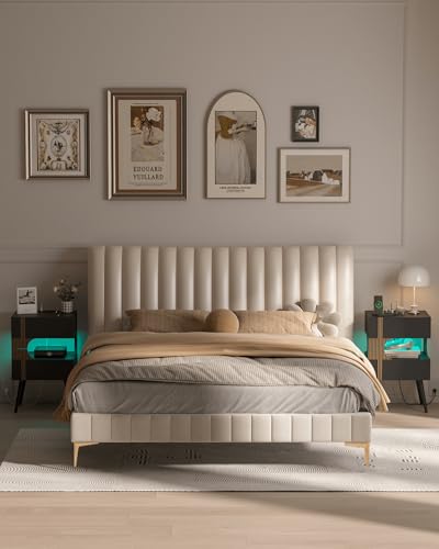 Black Nightstand with Charging Station & LED Lights, Modern Bedside Table with 2 Drawers
