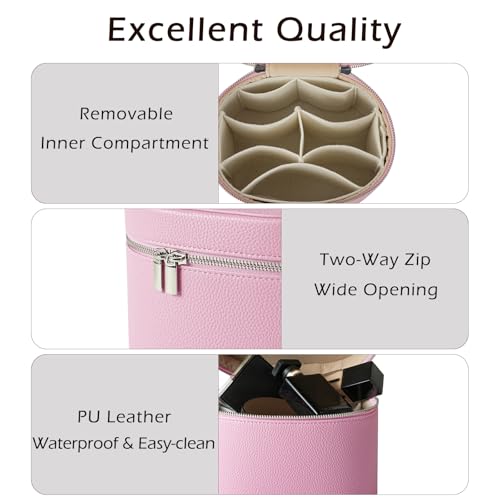 Pink Makeup Bag Vanity Case with Divider & Handle - Waterproof PU Leather Portable Cosmetic Organizer