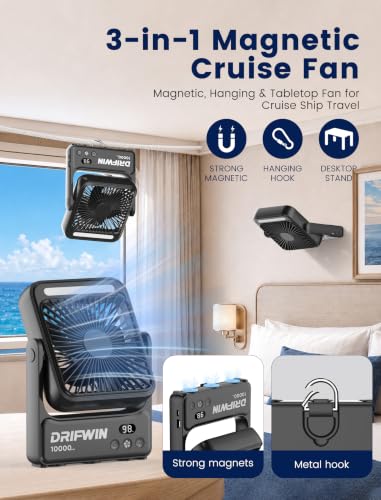 DRIFWIN Cruise Approved Portable Magnetic Fan with Night Light, 10000mAh Travel Fan