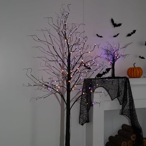 2 Pack 6FT Black Birch Halloween Tree with Purple & Orange LED Lights, Timer & Waterproof