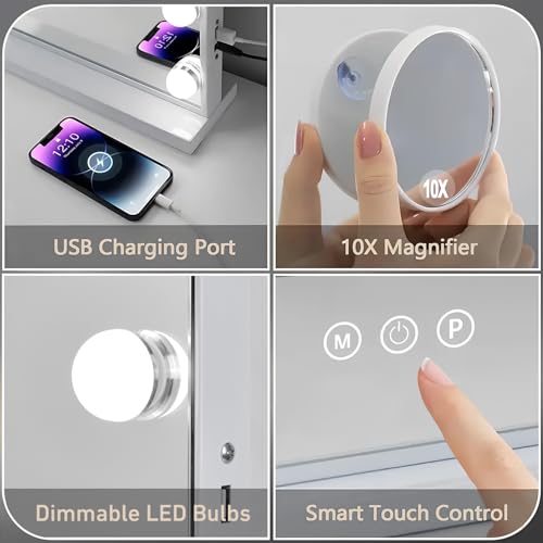 Vanity Mirror with Lights, Lighted Makeup Mirror with 15 Dimmable LED Bulbs, Hollywood Mirrors with USB Port, Detachable 10X Magnification, 3 Lighting Modes (22.8" L x 18.1" W)