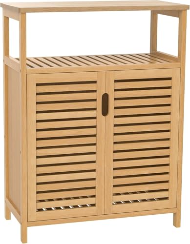 Bamboo Bathroom Storage Cabinet with 2 Doors - Freestanding Kitchen & Home Organizer