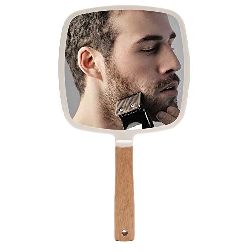 Small Square Wooden Handle Hand Held Mirror for Makeup & Shaving - Pack of 3 - White + Variation 9.8x5.5 Inches