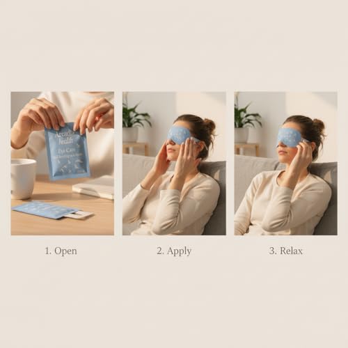 Arcadia Health Self-Heating Mask ? 30 Single-Use Warm Compresses for Dryness, Puffiness & Migraine Relief ? Soothing Steam Mask for Relaxation, Sleep Support & Under-Eye Care