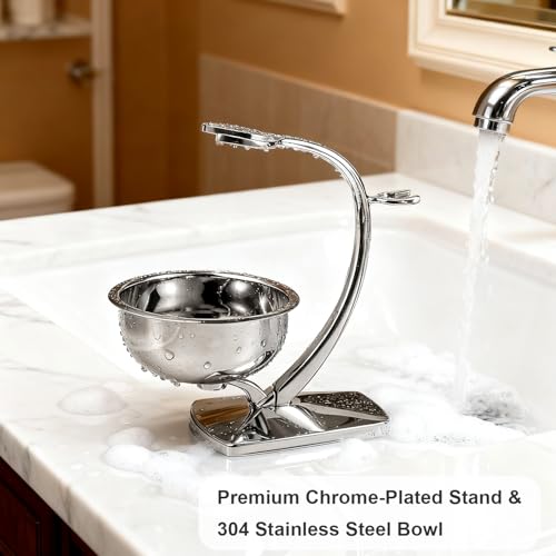 Shaving Bowl and Stand Set with Magnetic Base - 304 Steel & Chrome