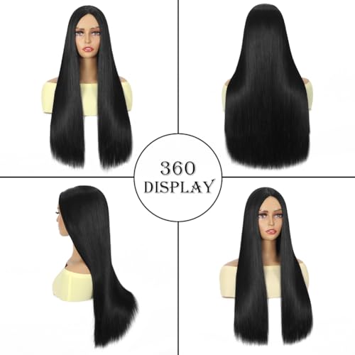 Long Black Straight Wig 26 Inch Synthetic Heat-Resistant Hair for Cosplay & Daily Wear