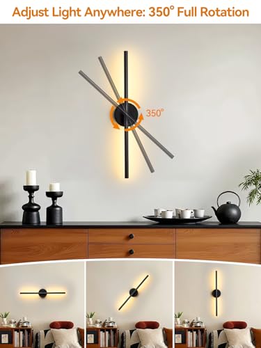 Black 24-inch Battery Operated Wall Sconce Set of 2 with Remote & Touch Control - Modern Rechargeable Lighting