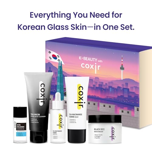 [New Years Gift Set] coxir K-Beauty Seoul Glow Set ? 5-Step Korean Skincare Routine with TXA & Black Rice ? Cleansing oil, Mask Cleanser, Ampoule, Balm & Moisturizer,korean skincare,Holiday Gift