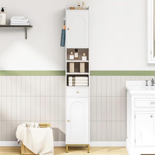White Tall Bathroom Cabinet with Adjustable Shelves & Drawer - 11"D x 11"W x 70.9"H