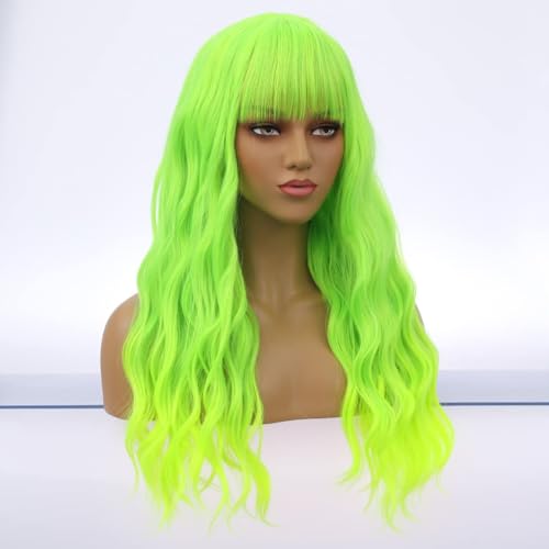 BERON Bright Green Neon Green Wig 26 Inch Long Curly Party Hair for Women