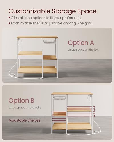 VASAGLE Kitchen Baker’s Rack with Power Outlet, Oak Beige & Ink Black Steel Frame & Wire Basket