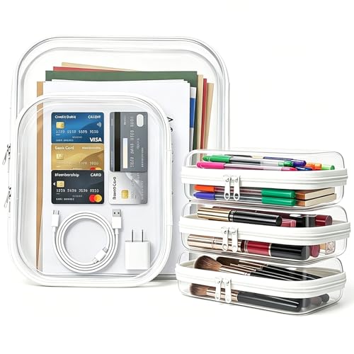 Clear Zipper Pouch Set for Travel & Organization - Hard Shell, Transparent, Waterproof - White 5-Pack