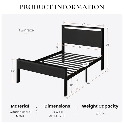 SHA CERLIN 14 Inch Twin Metal Platform Bed Frame with Wooden Headboard - Black Oak