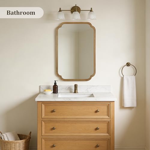 36-Inch Natural Light Woodgrain Rounded Corner Wall Mirror with Frame - Entryway & Living Room Decor