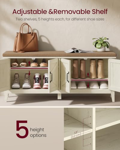 Farmhouse White & Walnut Shoe Bench with Cushion, 47.2-Inch Entryway Storage - Rustic White + Walnut Brown