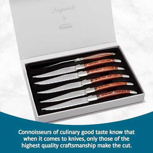 Trudeau Laguiole Steak Knives Set of 6 - Premium Stainless Steel & Pakkawood Handles