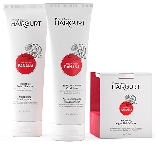 Smoothing Yogurt Hair Care Set - Strawberry Banana Shampoo Conditioner Mask - Frizz Control