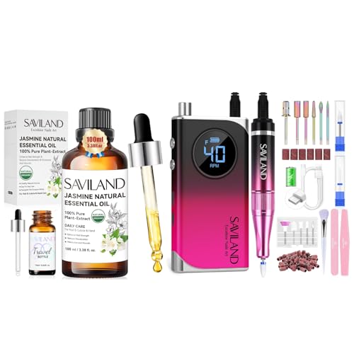 SAVILAND Professional Nail Drill for Acrylics & Jasmine Essential Oil : 2024 High Tech 40000RPM Electric Nail Drill 6000mAh Efile Machine Rechargeable Nail File Portable Nail Grinder Ceramic Drill Bit