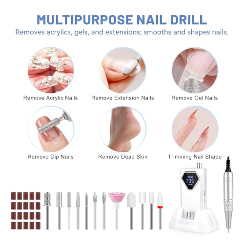 Rechargeable Nail Drill with Base - 35000RPM Portable Electric Nail File for Gel Acrylic Nail Art - White