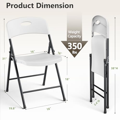 4-Pack Outdoor Folding Chairs, White Heavy-Duty 350lb Capacity – Portable Indoor/Outdoor Seating, Solid Back