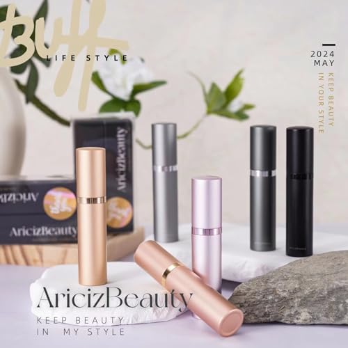Travel Refillable Perfume Fragrance Atomizer 0.17fl.oz/5ml. Cologne Pocket Recyclable Portable Sprayer Bottle. Mini Scent Pump Case Dispenser Perfume Container (DEEP GREY + ROSE GOLD)