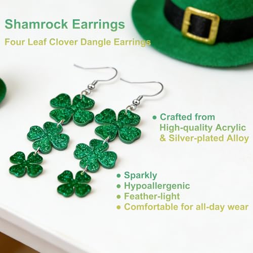 Mysense St Patricks Day Accessories,Shamrock Dangle Earrings,6PCS Glitter Freckles Temporary Tattoos Face Stickers,Irish Festival Green Accessories for Saint Patrick¡¯s Day Outfit Women Girls