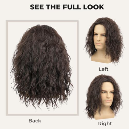 Mens Brown Wavy Wig - Medium Length Natural Look Middle Part Cosplay Costume