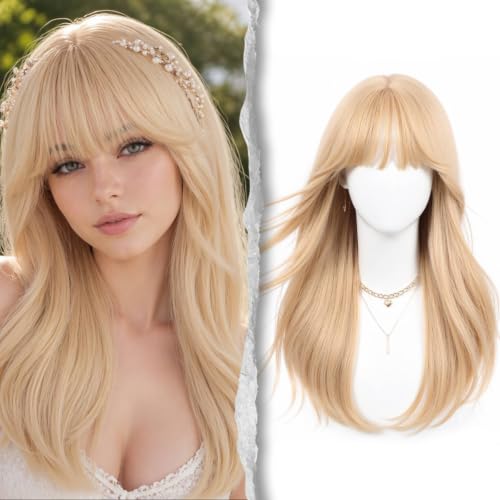 Creamy Platinum Blonde Wigs 22 Inch Long Layered Wig with Bangs - Voluminous, Realistic Scalp & Hairline, Versatile Style for Women