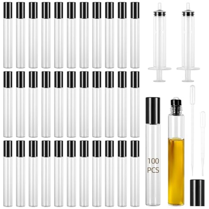 100 PCS Essential Oil Roller Bottles - Oil Perfume Leak Proof 10ml Glass Roller Empty Bottles with Stainless Steel Balls and 5 Funnels for Travel Business