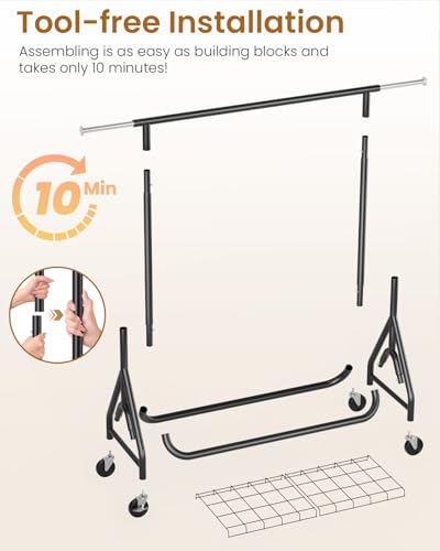Heavy Duty Metal Clothes Rack with Lockable Wheels - Black, Single Rod