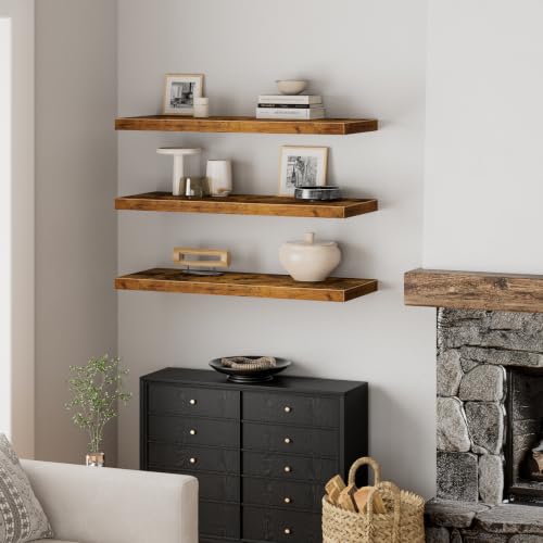 Deep Floating Wall Shelves Set of 3 - 12-Inch Depth, Brown, 35.4 x 12 Inches - Farmhouse Style Variation A