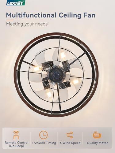 Walnut 20 Inch LEDIARY Caged Ceiling Fan with Light & Remote Control