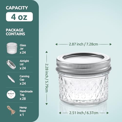 Mini Mason Jars 4 oz - 24 Pack Small Glass Jars with Airtight Lids - Perfect for Storage & Crafts (Variation: 4OZ / 24)