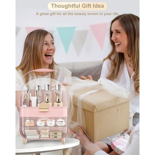 Makeup Organizer Countertop, Skincare Holder Bathroom Counter Organizer, Storage Box Cosmetic Display Cases, Teen Girl Gifts Make up Organizers for Vanity, Dresser (Pink) | Skincare Holder, Teen Girl Gifts, Trendy Stuff, Make up Organizers