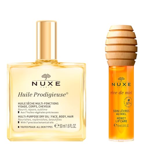Nuxe Huile Prodigieuse Dry Oil (1.6 Fl Oz) & R?ve de Miel Honey Lip Gloss (0.33 Fl Oz), French Skincare Duo for Nourished Face, Body, Hair & Lips