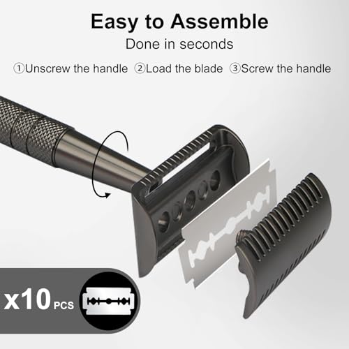 Double Edge Safety Razor for Men and Women, Stainless Steel Single Blade Metal Razor, with 10 Double Edge Blades, Smooth Close Gentle Shave, Plastic Free Zero Waste Shaving, Black
