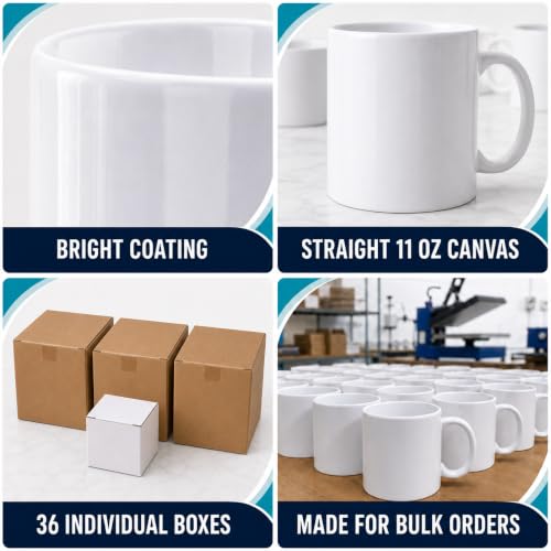 11oz Sublimation Coffee Mugs - 36 Pack White Blank Ceramic Cups with Individual Boxes