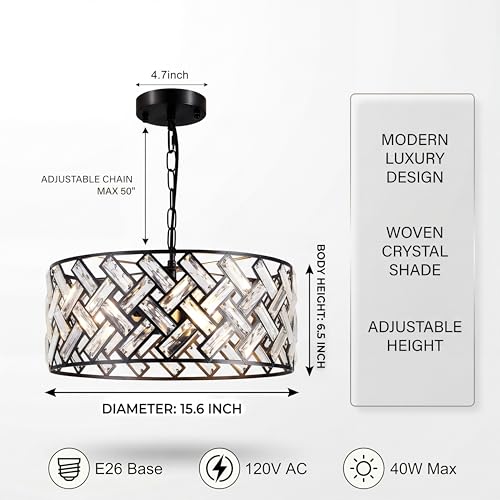 Black Drum Chandelier 16in Crystal Pendant Light for Dining & Kitchen - Criss Cross Variation