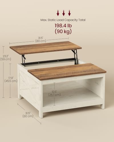 VASAGLE Lift-Top Square Coffee Table with Storage, Rustic White
