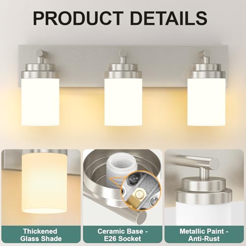 Bathroom Vanity Light Fixture 3-Light 22 Inch Nickel White Glass Shade Modern Farmhouse