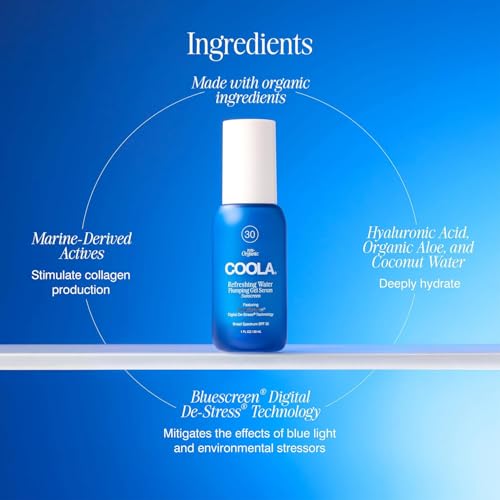 COOLA Refreshing Water Plumping Gel with SPF 30, Dermatologist Tested Face Sunscreen with Hyaluronic Acid, Organic Aloe, and Coconut Water, 1 Fl Oz