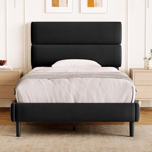 Twin Size Upholstered Platform Bed Frame with Velvet Headboard, Adjustable Height, Black