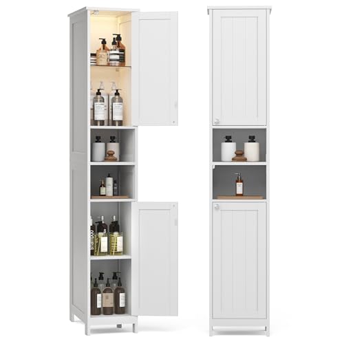 VASAGLE Tall Storage Cabinet with Lights, Slim 11.8x11.8x66.9 in Cloud White - Adjustable Shelves & Door-Activated Lighting
