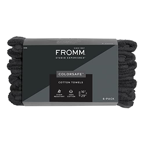 Fromm ColorSafe Cotton Salon Towels Black 6 Pack - Bleach Proof, 16x29 Inch Hair Drying Towels for Hair Stylists & Barbers