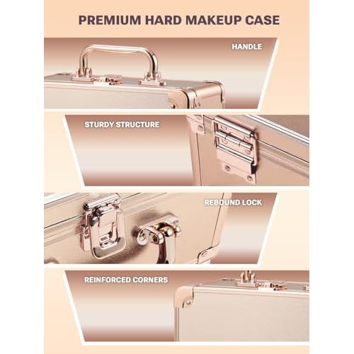 Qislee Makeup Box with A Detachable Lighted Mirror, Waterproof Travel Train Case, Cosmetic Organizer and Makeup Suitcase with Adjustable Dividers, Magnetic LED Mirror(Rose Gold)