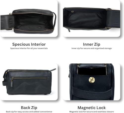 Men's Leather Toiletry Bag - Vintage Dopp Kit Organizer with Waterproof Lining - Black, Small