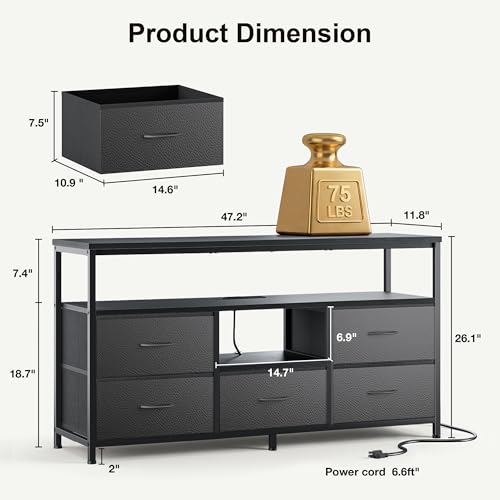 47-Inch Dresser TV Stand with LED Lights & Charging Station, 5 Drawers, Open Shelves - Black, 11.8"D x 47.2"W x 26.1"H