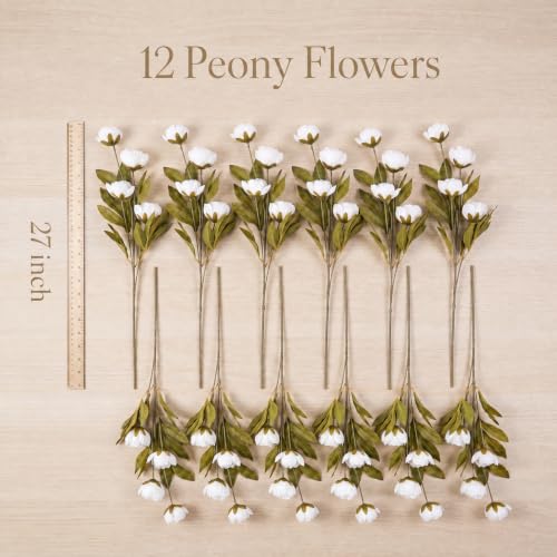 Artificial Peony Flowers for Vase Decor - White, 12 Stems, 27" Long
